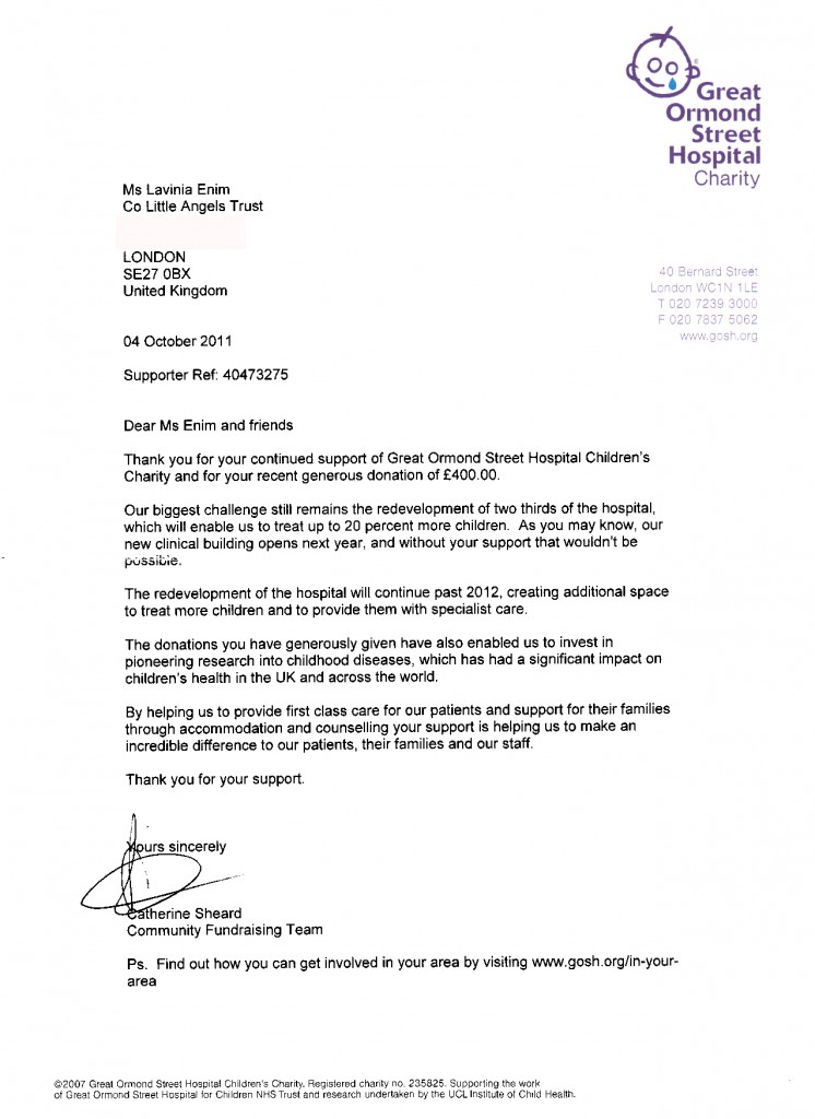 Letter of appreciat from Great Ormond Street Charity